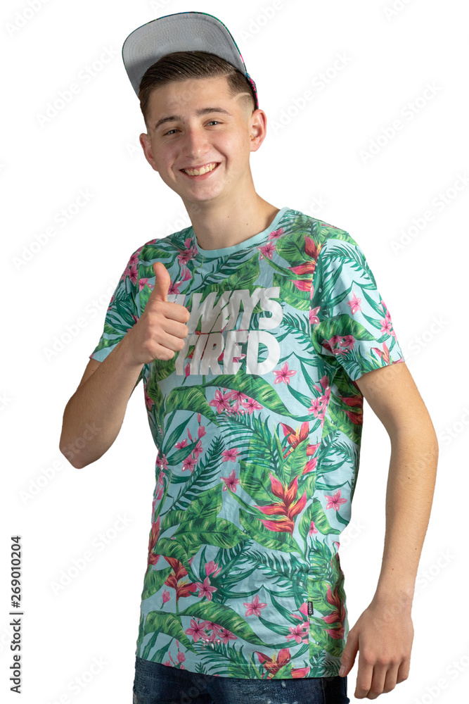 Teenage boy  showing thumb up gesture on white background .