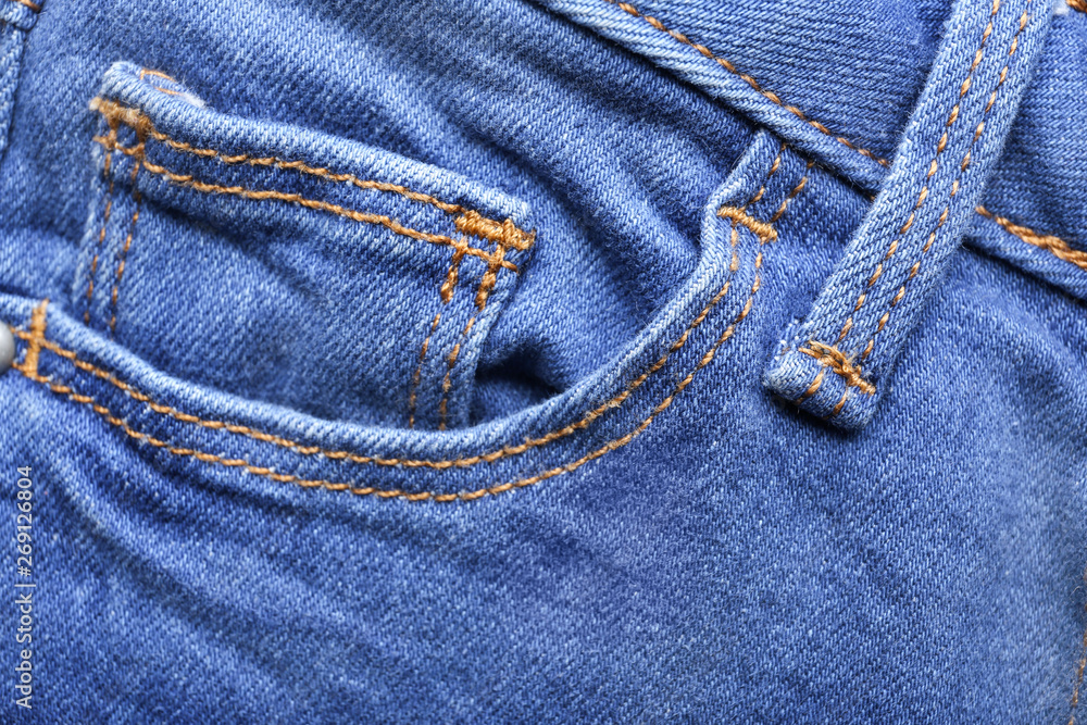 Stylish blue jeans, closeup view