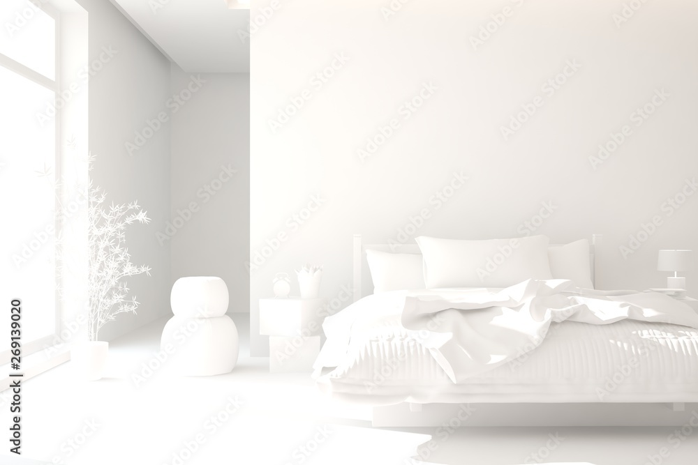 Modern bedroom in white color. Scandinavian interior design. 3D illustration