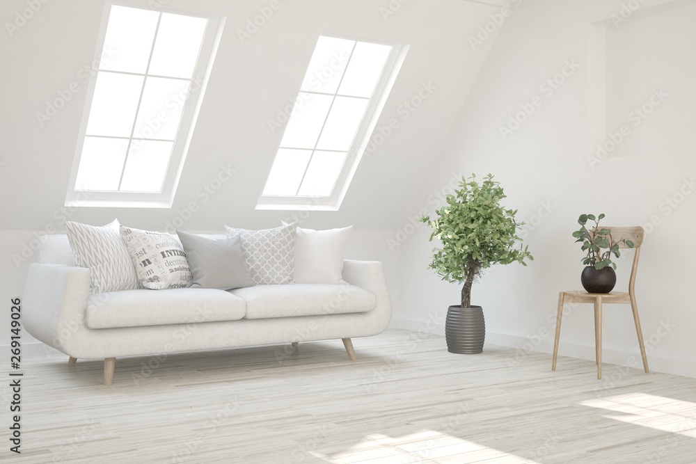 Stylish room in white color with sofa. Scandinavian interior design. 3D illustration