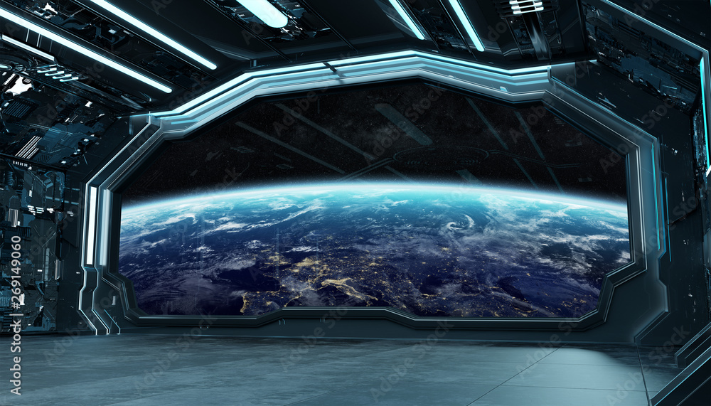 Dark blue spaceship futuristic interior with window view on planet Earth 3d rendering