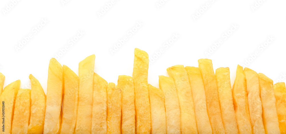 Tasty french fries on white background