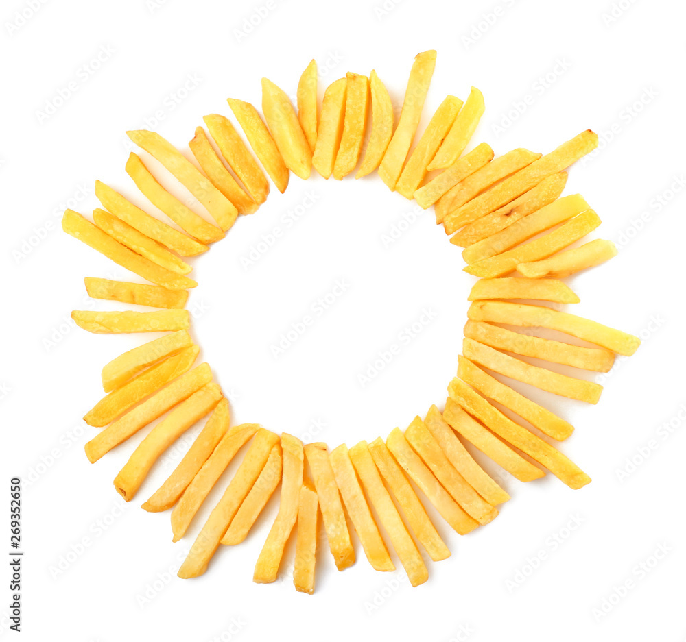 Frame made of tasty french fries on white background