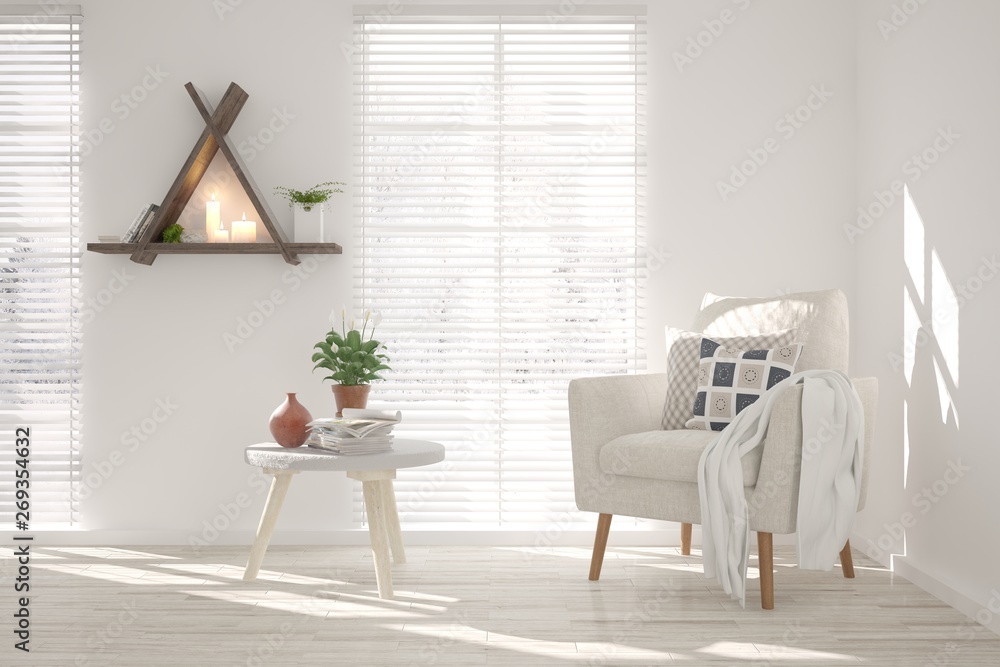 Stylish room in white color with armchair. Scandinavian interior design. 3D illustration