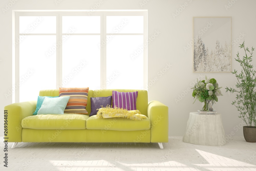 Stylish room in white color with sofa. Scandinavian interior design. 3D illustration