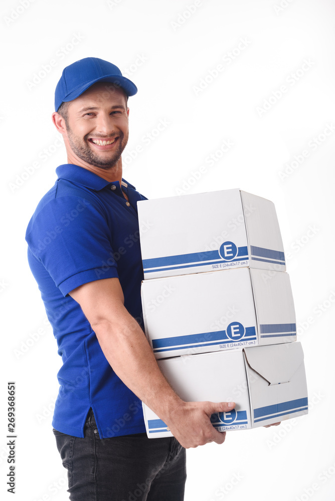 Happy delivery man laugh while carry parcel boxes, online delivery conceptual