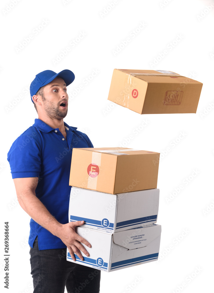 Delivery man receive thrown parcel box with surprise expression, hard working delivery firm conceptu