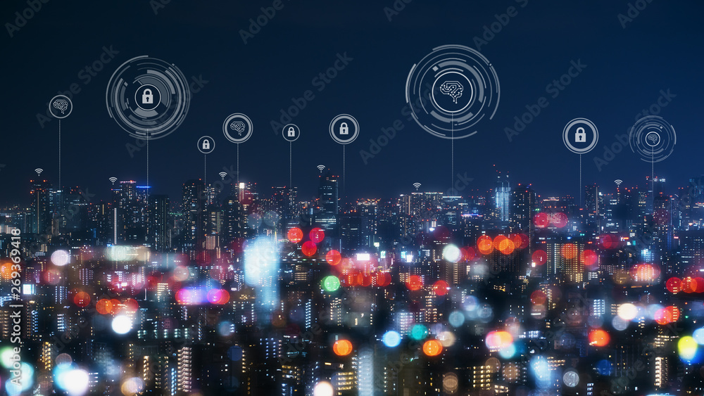 Cityscape with connecting dot technology of smart city conceptual