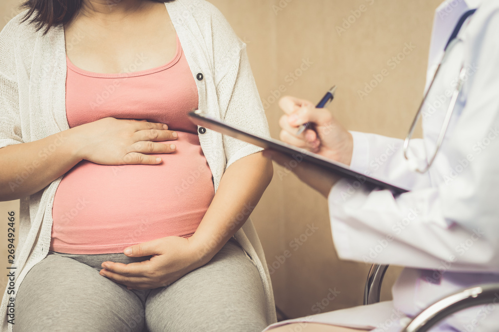 Happy pregnant woman visit gynecologist doctor at hospital or medical clinic for pregnancy consultan