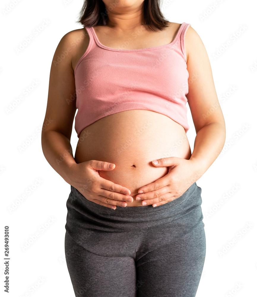 Happy pregnant woman taking care of her child isolated on white background. The young expecting moth