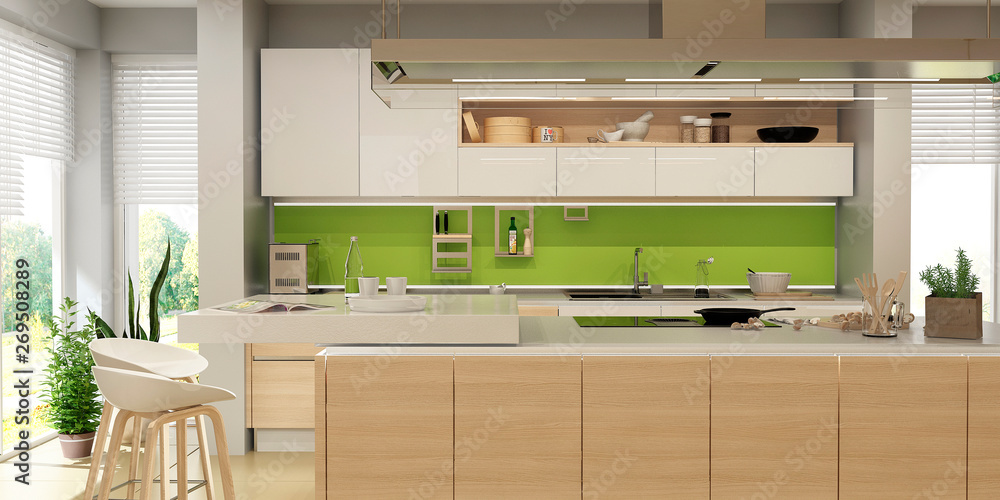 Modern kitchen interior. 3d rendering.