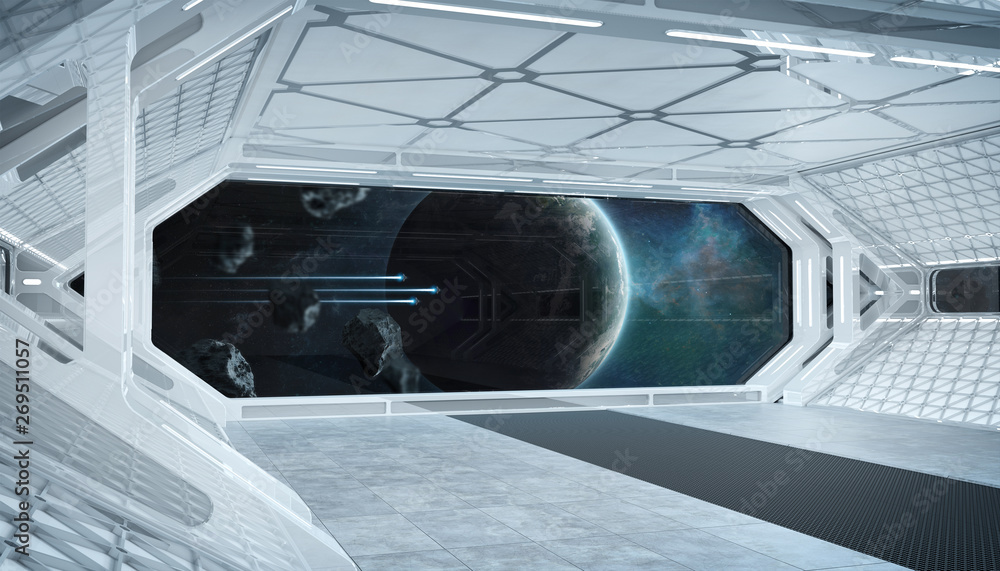 White blue spaceship futuristic interior with window view on space and planets 3d rendering