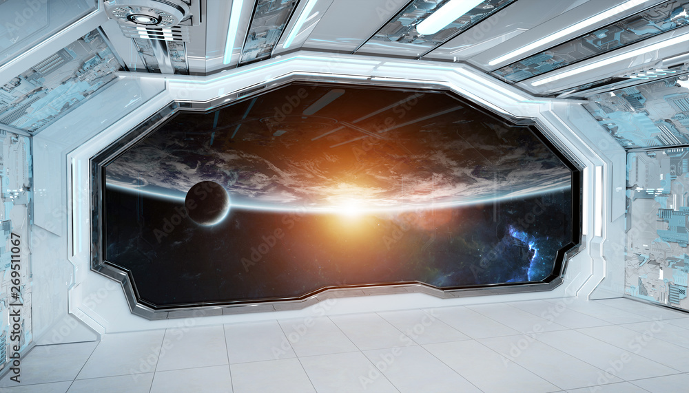 White blue spaceship futuristic interior with window view on space and planets 3d rendering