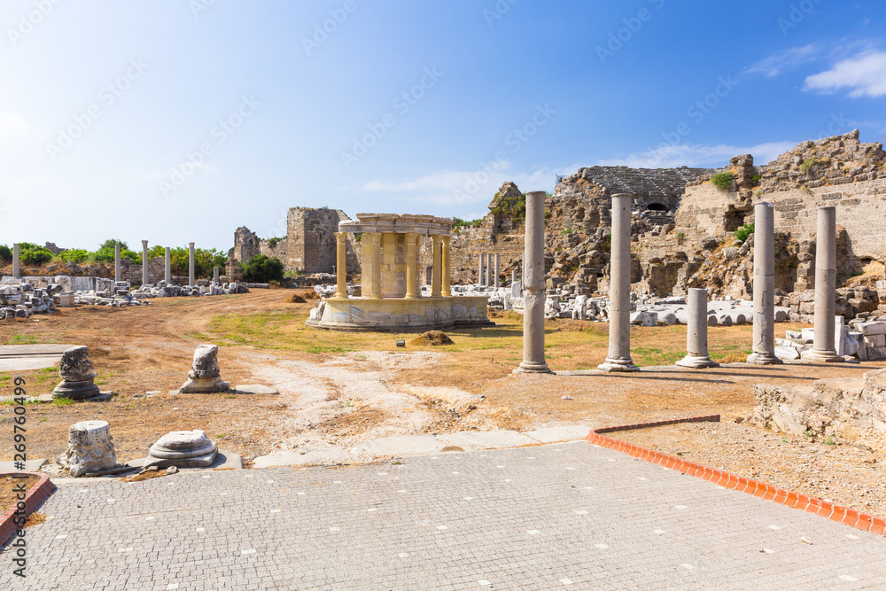 Ruins of the ancient theatre in Side, Turkey