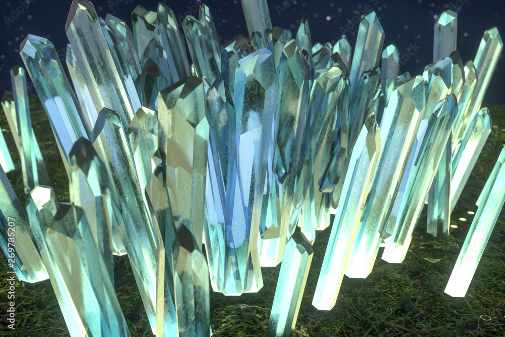 A cluster of precision-cut magic crystal, science fiction and magic theme, 3d rendering.