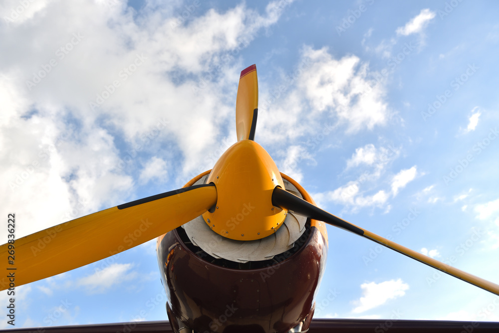 Big propeller on a piston plane against a blue sky, close-up