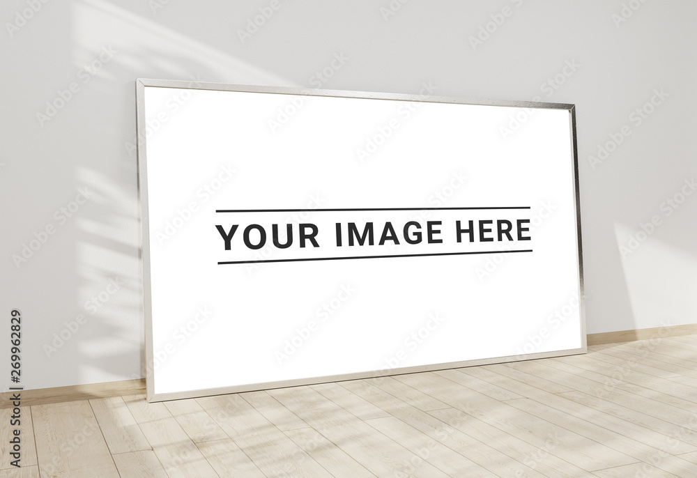 Large horizontal frame leaning on a white wall 3D rendering