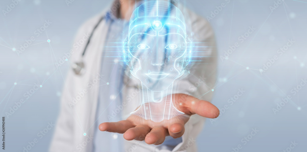 Doctor using digital artificial intelligence head interface 3D rendering