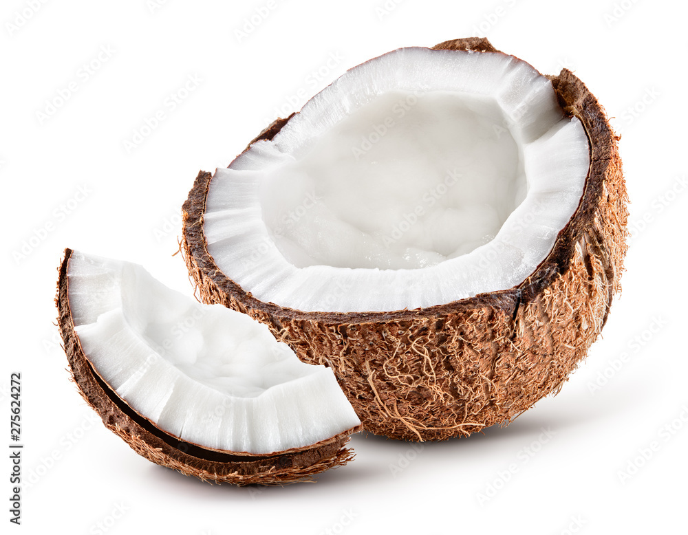 Coco. Coconut half and piece isolated. Cocos white. Full depth of field.