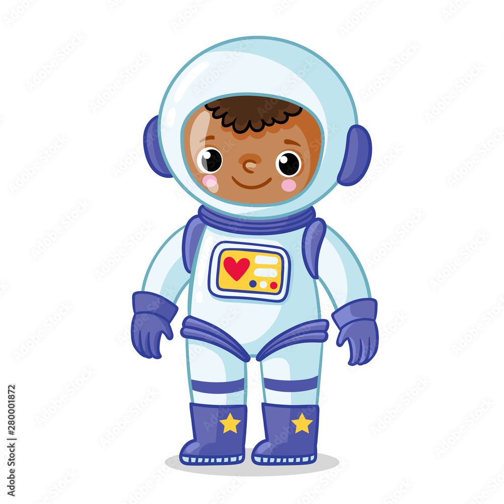 Dark-skinned astronaut in a space suit on a white background.