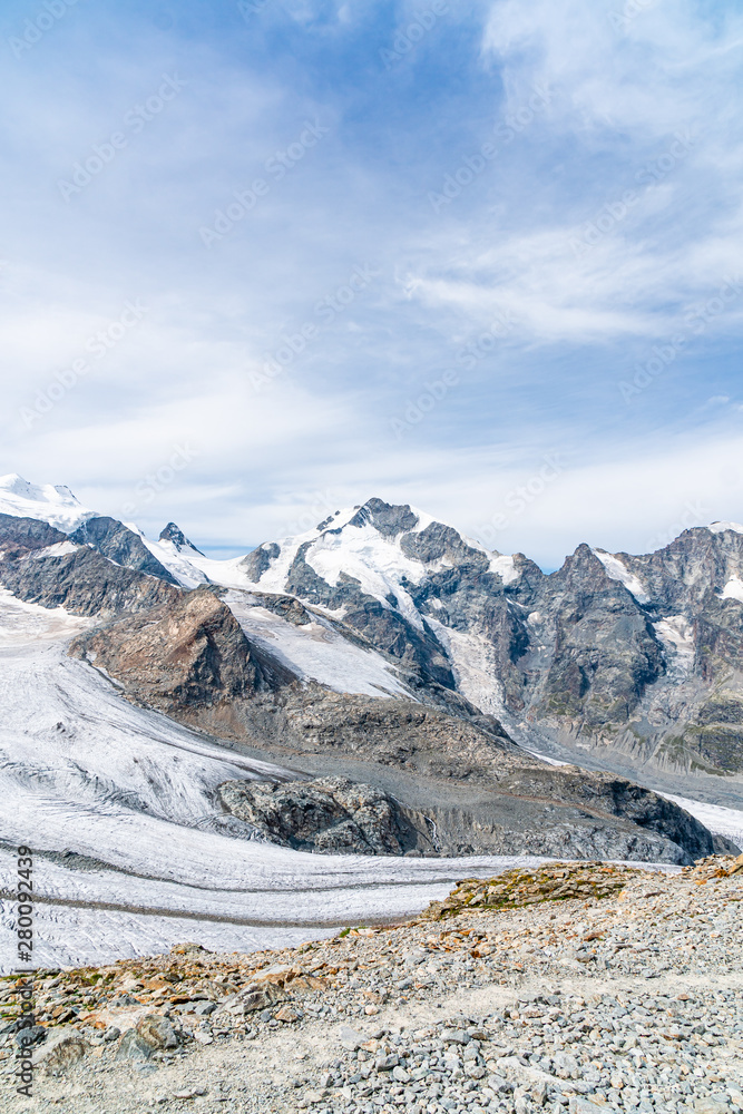 View for Morteratsch Glacier and panorama of Piz Berinia and Piz Palu in Switzerland. Swiss Alps.