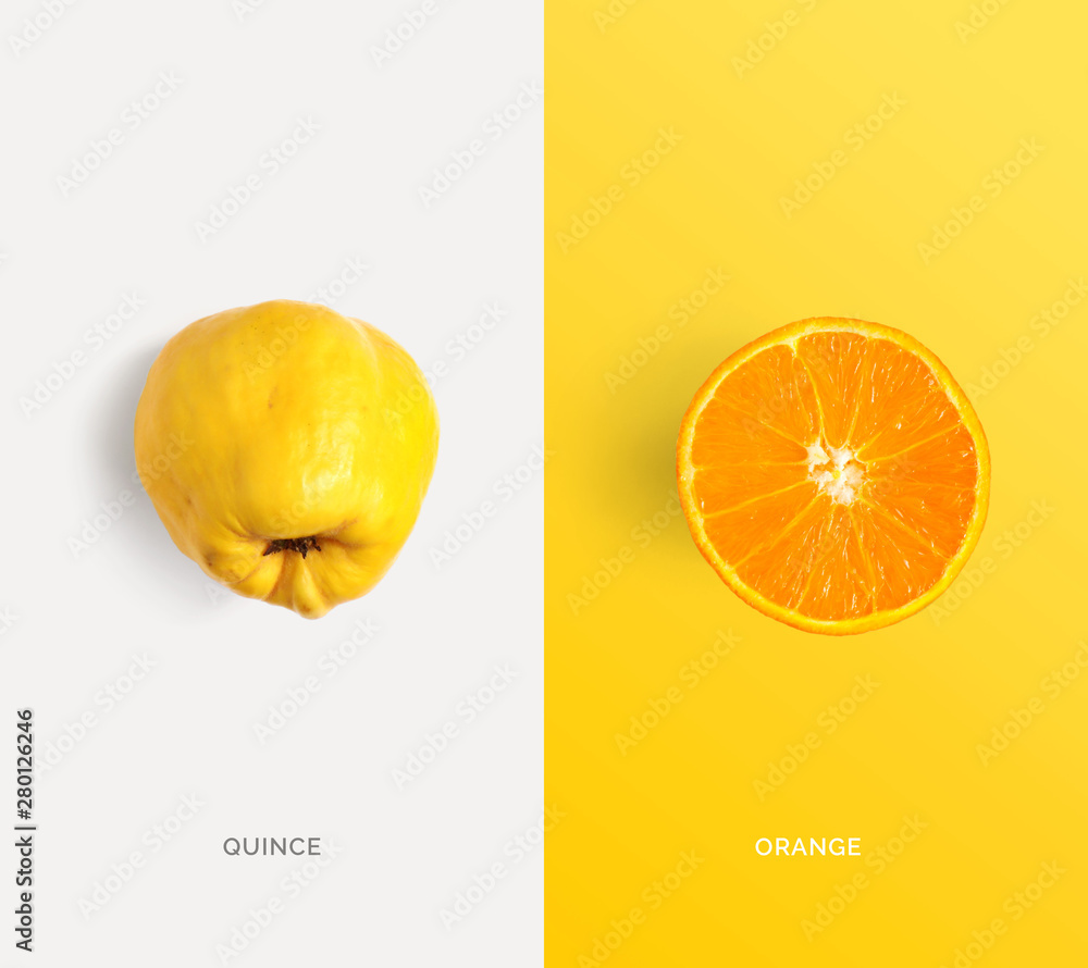 Creative layout made of quince and orange. Flat lay. Food concept. Macro  concept.