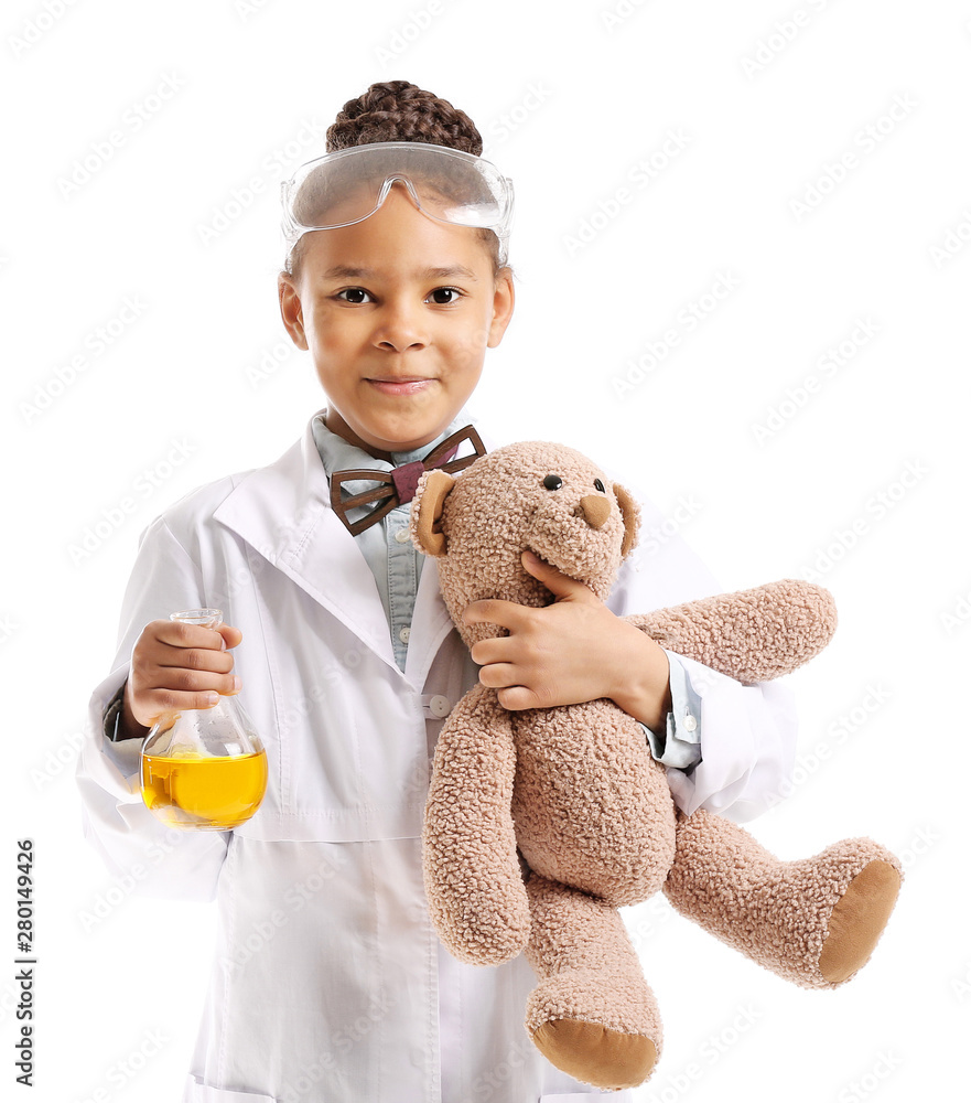 Little African-American scientist on white background