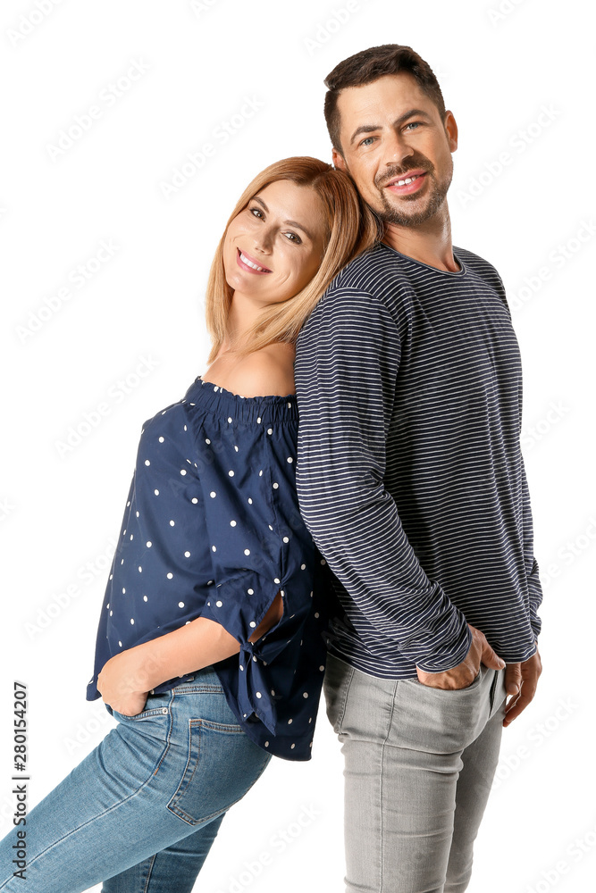 Portrait of happy couple in love on white background