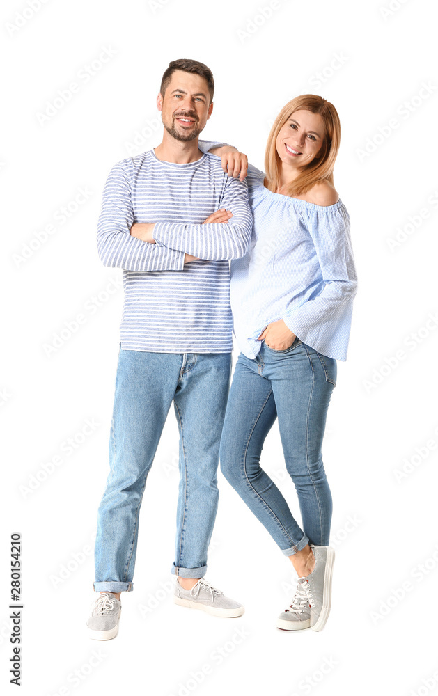 Portrait of happy couple in love on white background