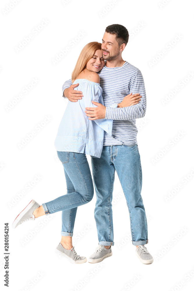 Portrait of happy couple in love on white background