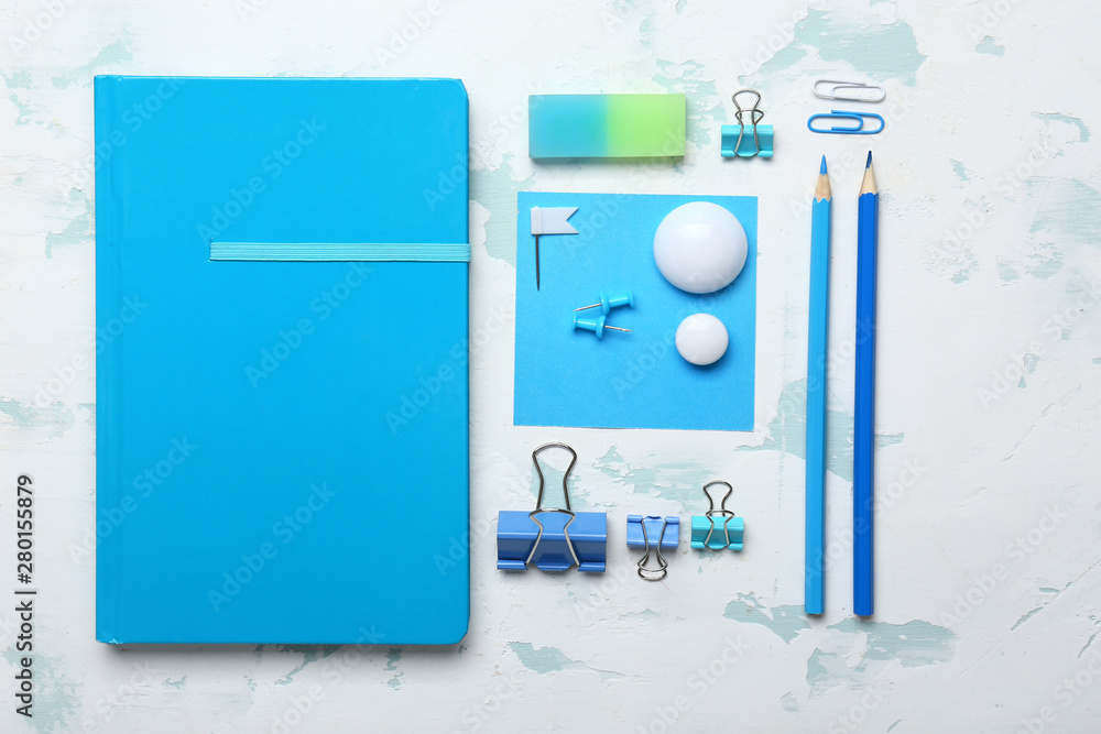 Set of school supplies on light background