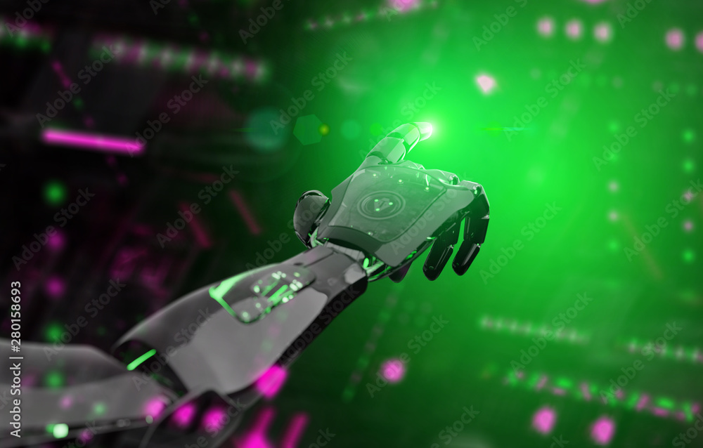 Black and green intelligent robot cyborg arm pointing finger on dark 3D rendering