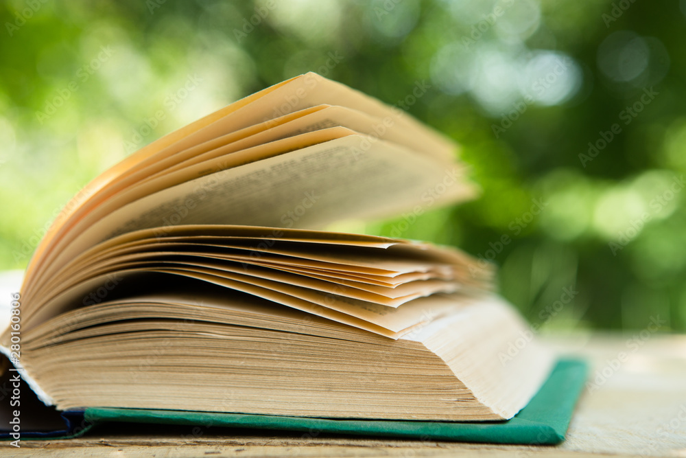 Studying in summer concept. Open book on a wooden table in a garden, sunny summer day