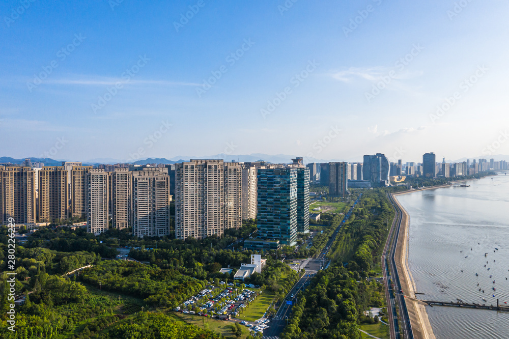 中国杭州城市天际线全景