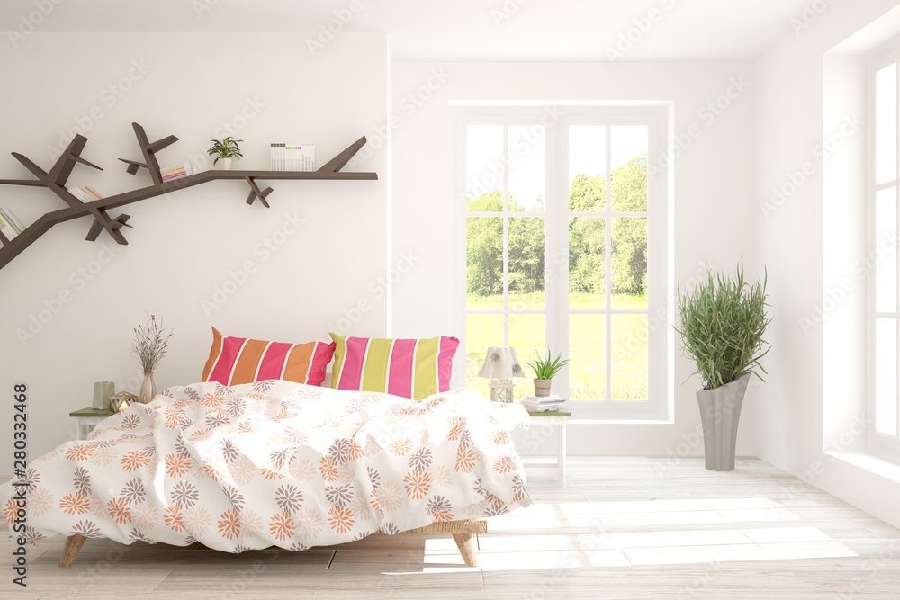 Stylish bedroom in white color. Scandinavian interior design. 3D illustration