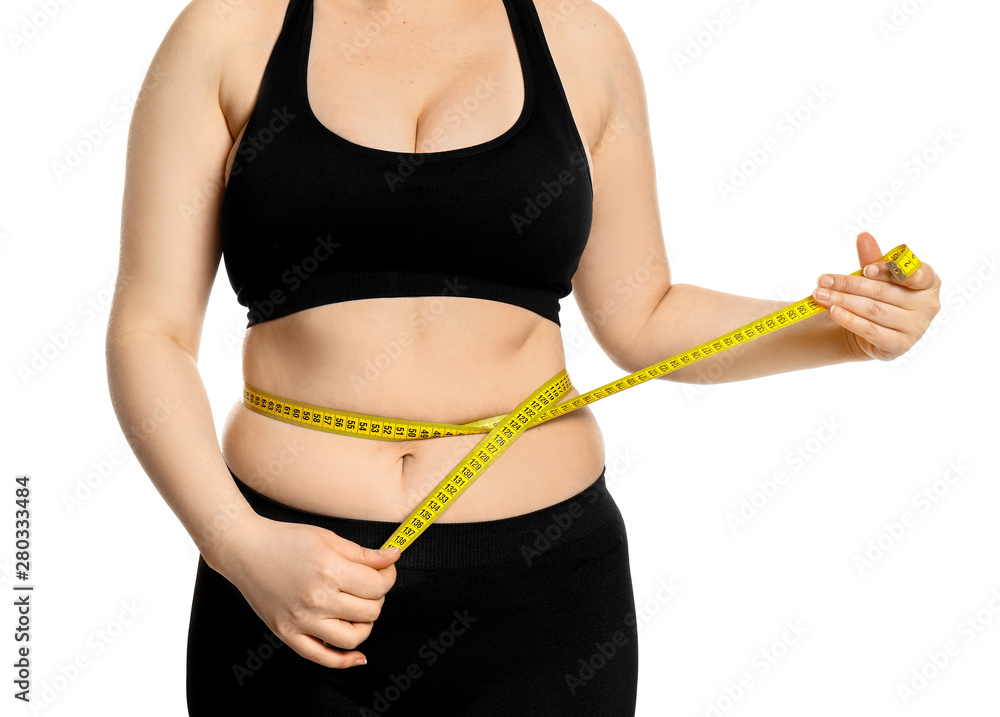 Overweight woman with measuring tape on white background. Weight loss concept