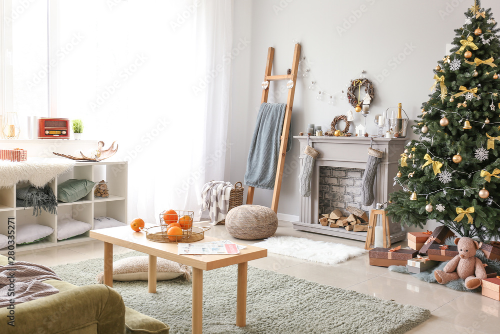 Interior of beautiful living room decorated for Christmas