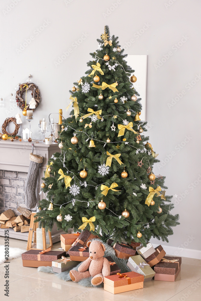 Interior of beautiful living room with Christmas tree