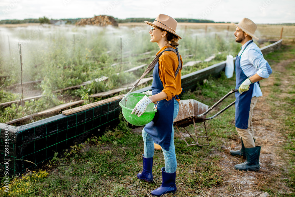 Well-dressed farmers standing on the farmland with green buckets for feeding snails on a farm outdoo