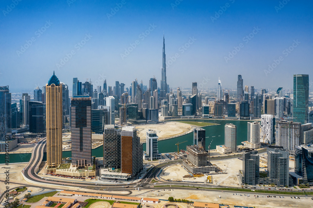 Aerial view on skyscrapers of Dubai, UAE, on a summer day