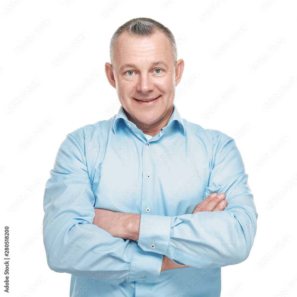 Portrait of handsome middle-aged man on white background