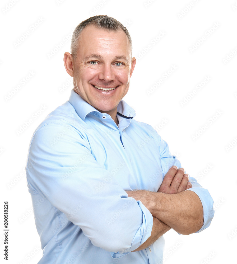 Portrait of handsome middle-aged man on white background