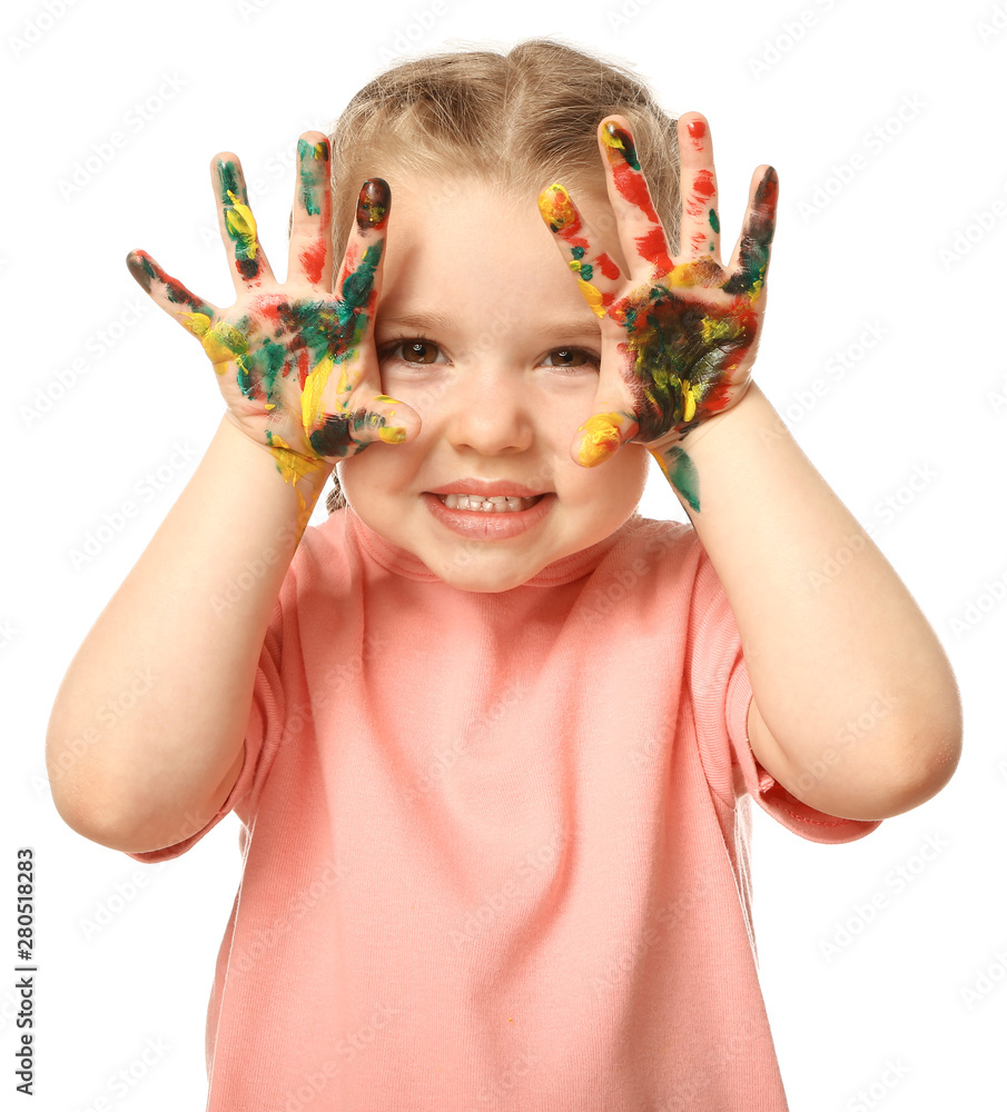 Funny little girl with hands in paint on white background