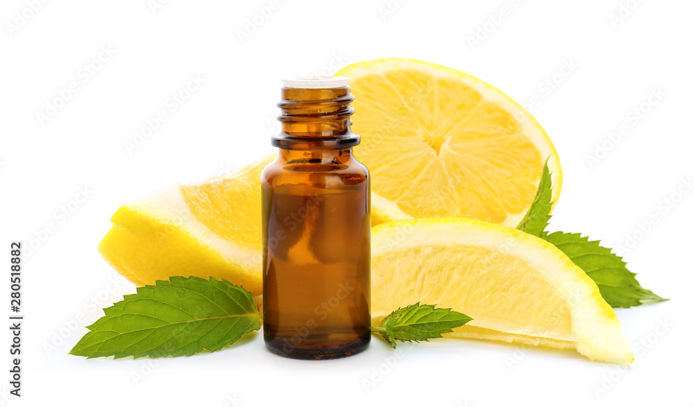 Citrus essential oil on white background