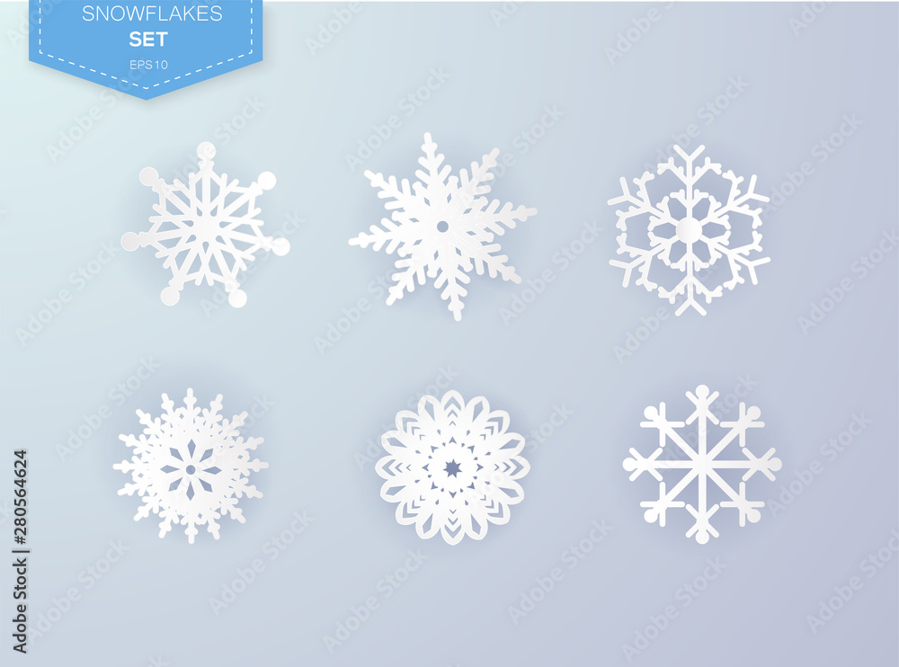 Heavy snowfall, snowflakes in different shapes and forms, vector illustration. Many white cold flake