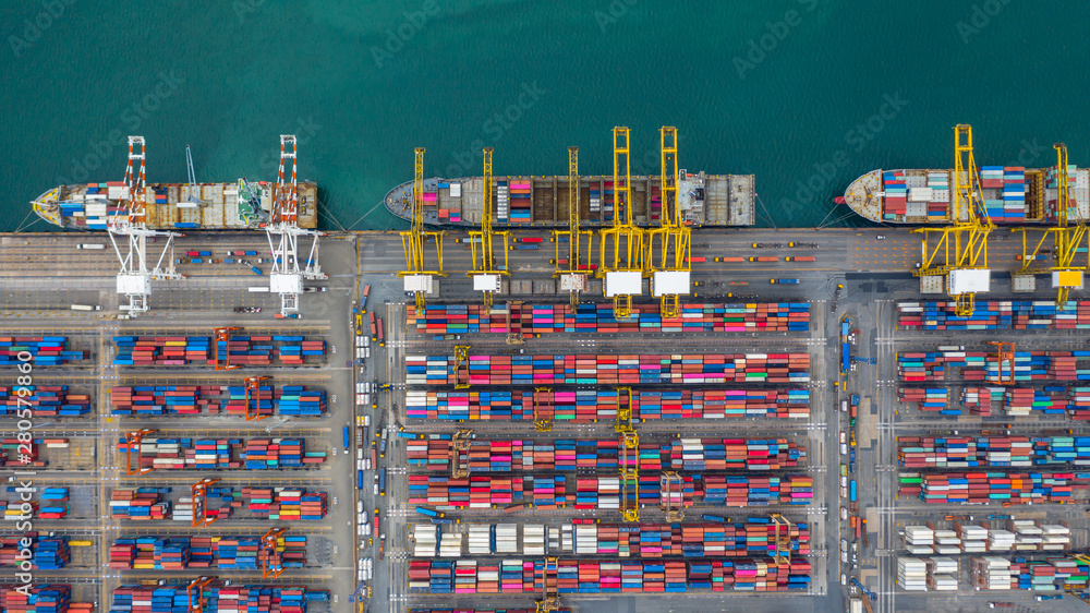 Aerial view cargo ship terminal, Unloading crane of cargo ship terminal, Aerial view industrial port