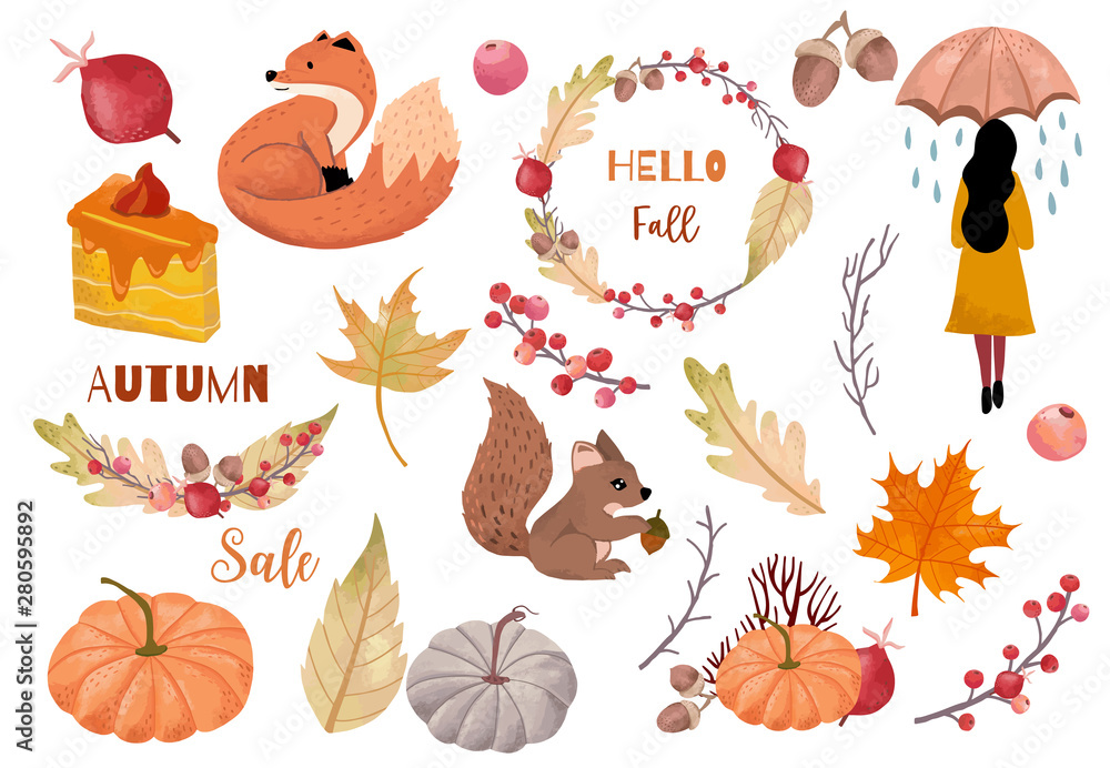 Autumn object collection with dry tree,squirrel,acorn,leaves,woman.Illustration for sticker,postcard