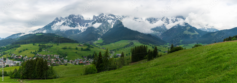 Panorama of Maria Alm am Steinernen Meer in Austria, Steinberge  mountains in the background