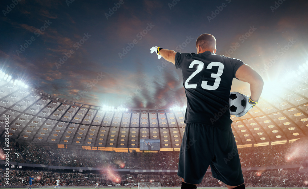 Soccer players in action on professional stadium on sunset.