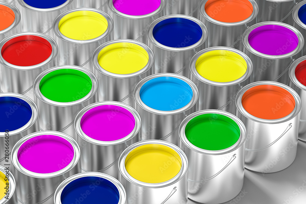 The buckets of colorful paint with white background, 3d rendering.